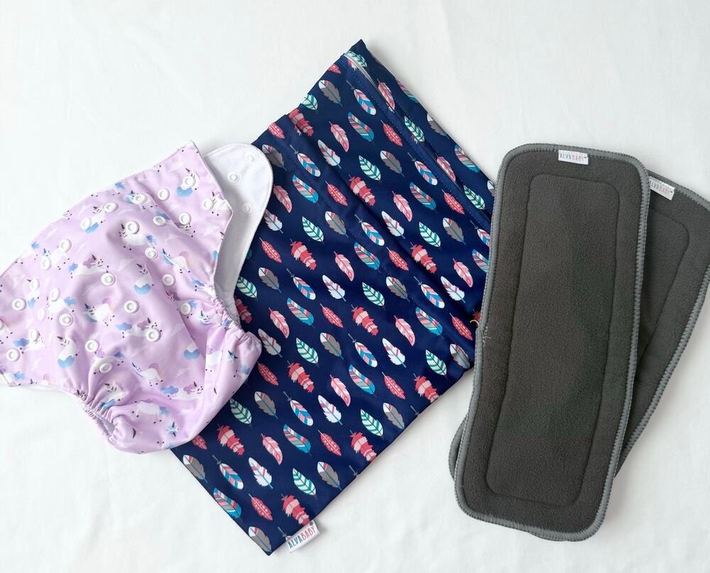 AlvaBaby Cloth Diaper Bundle Unicorn Print Pocket Diaper Wet Bag & Inserts